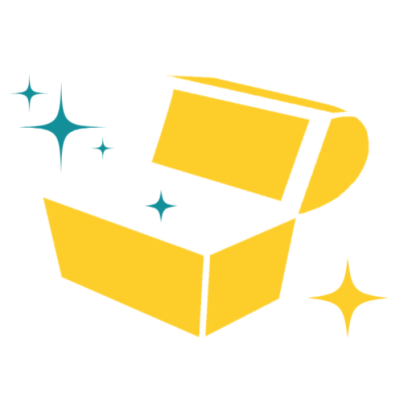 Toyless Treasures logo-treasure chest open with stars